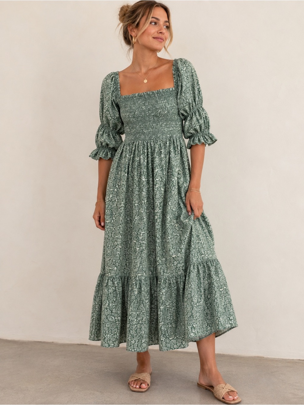 O.P.T x Tuckernuck | Green Daphne Floral Vines Smocked Midi Dress - Size Small